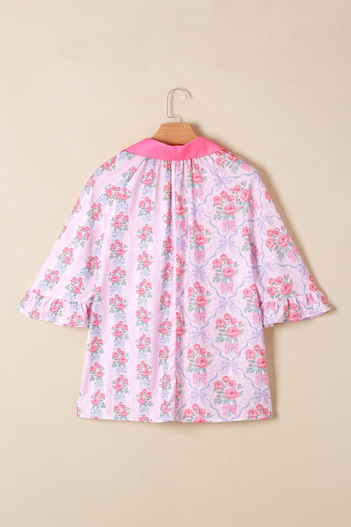 Purple Floral Collared Ruffled Half Sleeve Shirt