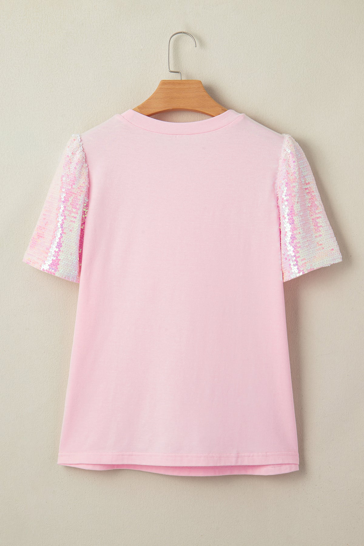 Light Pink Three Sweet Hearts Printed Sequin Trim Contrast Sleeve Patchwork Tee