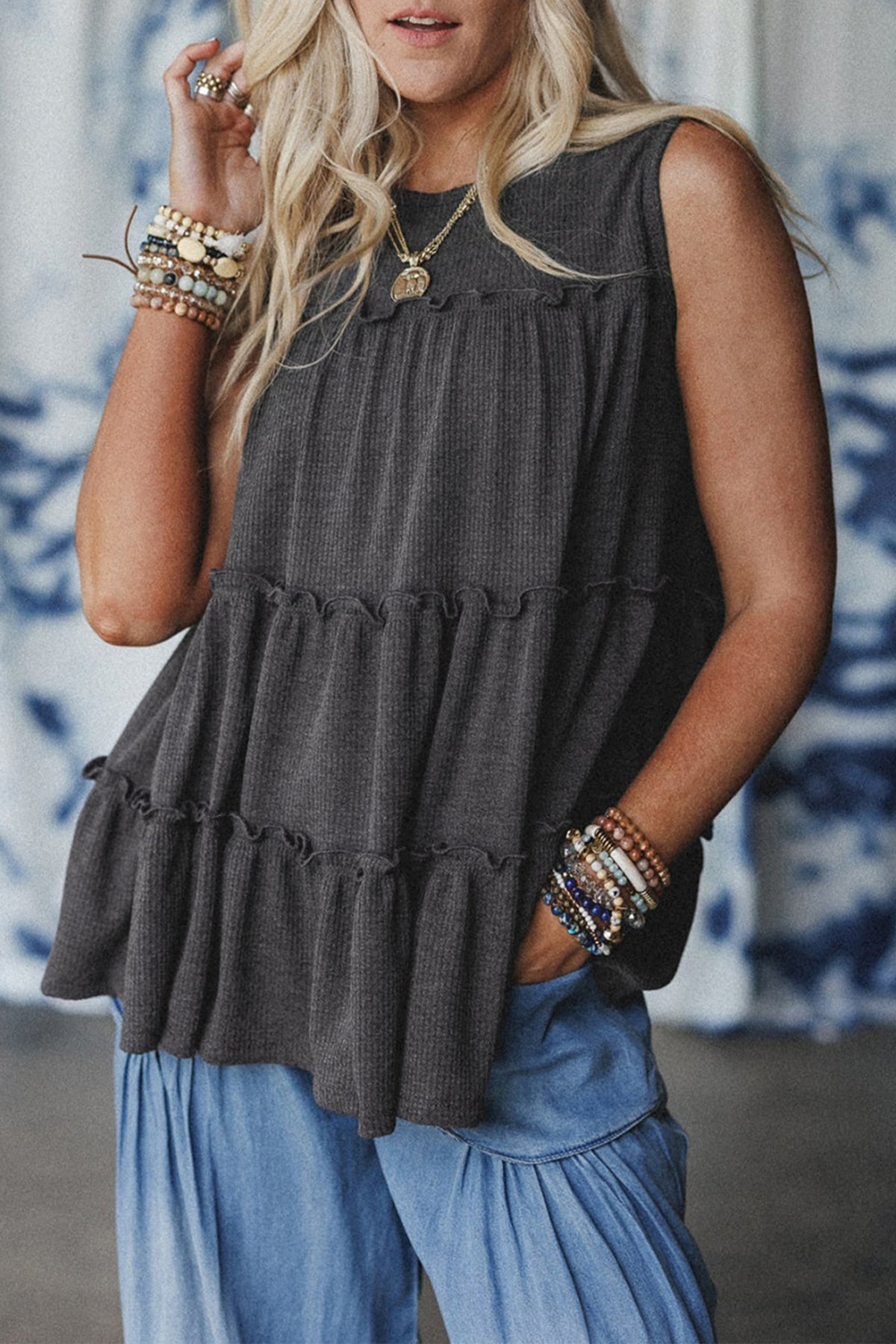 White Tiered Frill Trim A-line Tank Top