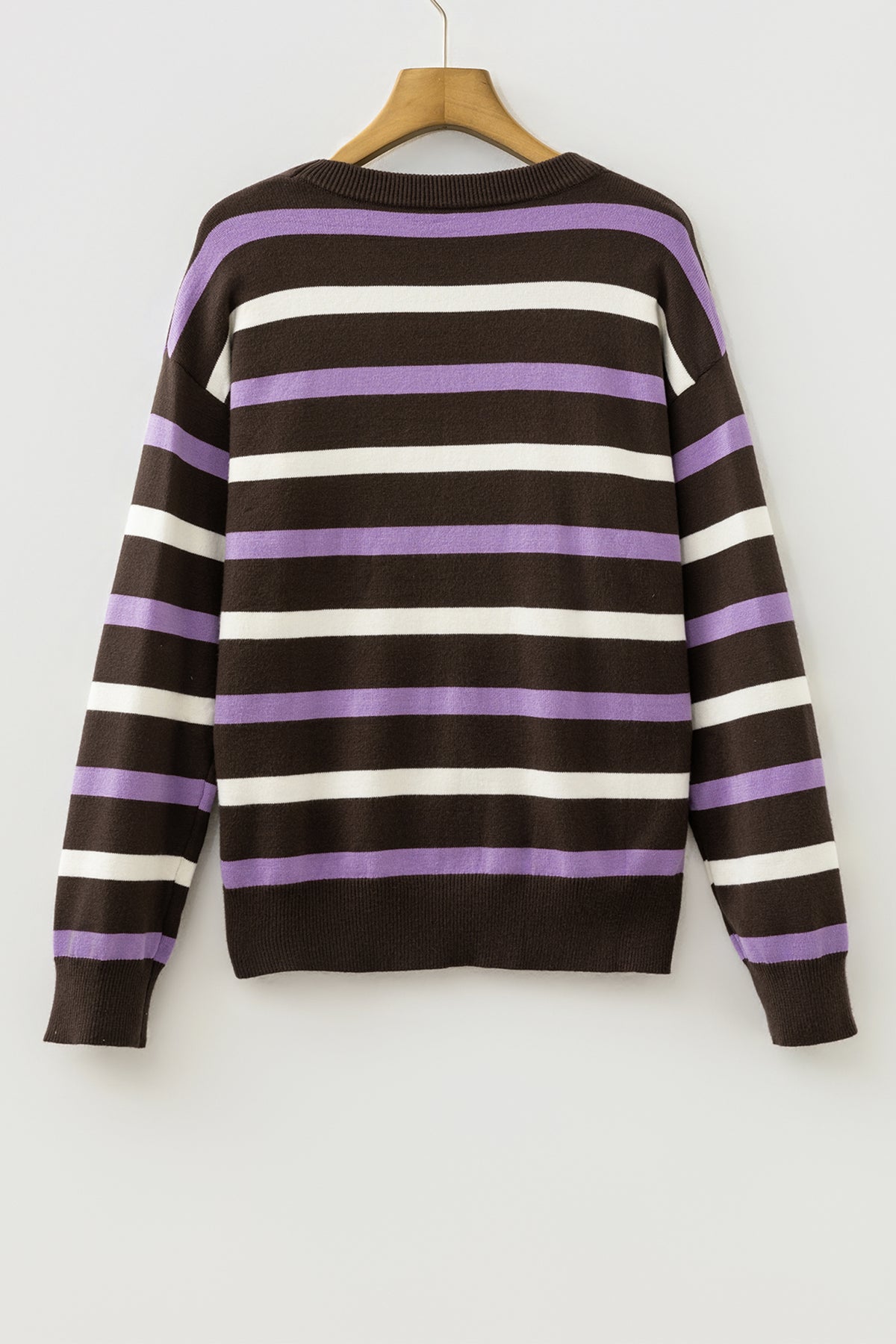 Brown Stripe Embroidered Detail Drop Shoulder Pullover Sweater