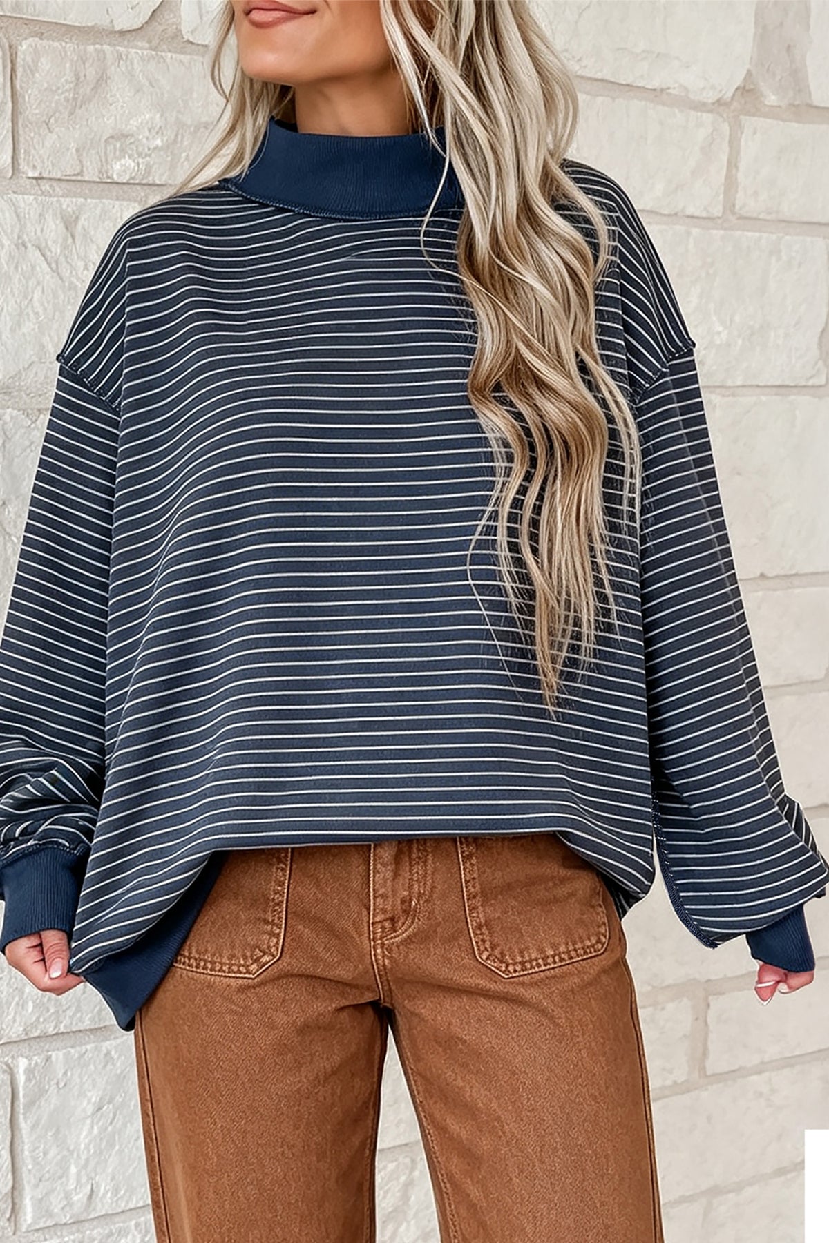 Green Stripe Ribbed Color Block Mock Neck Oversized Sweatshirt