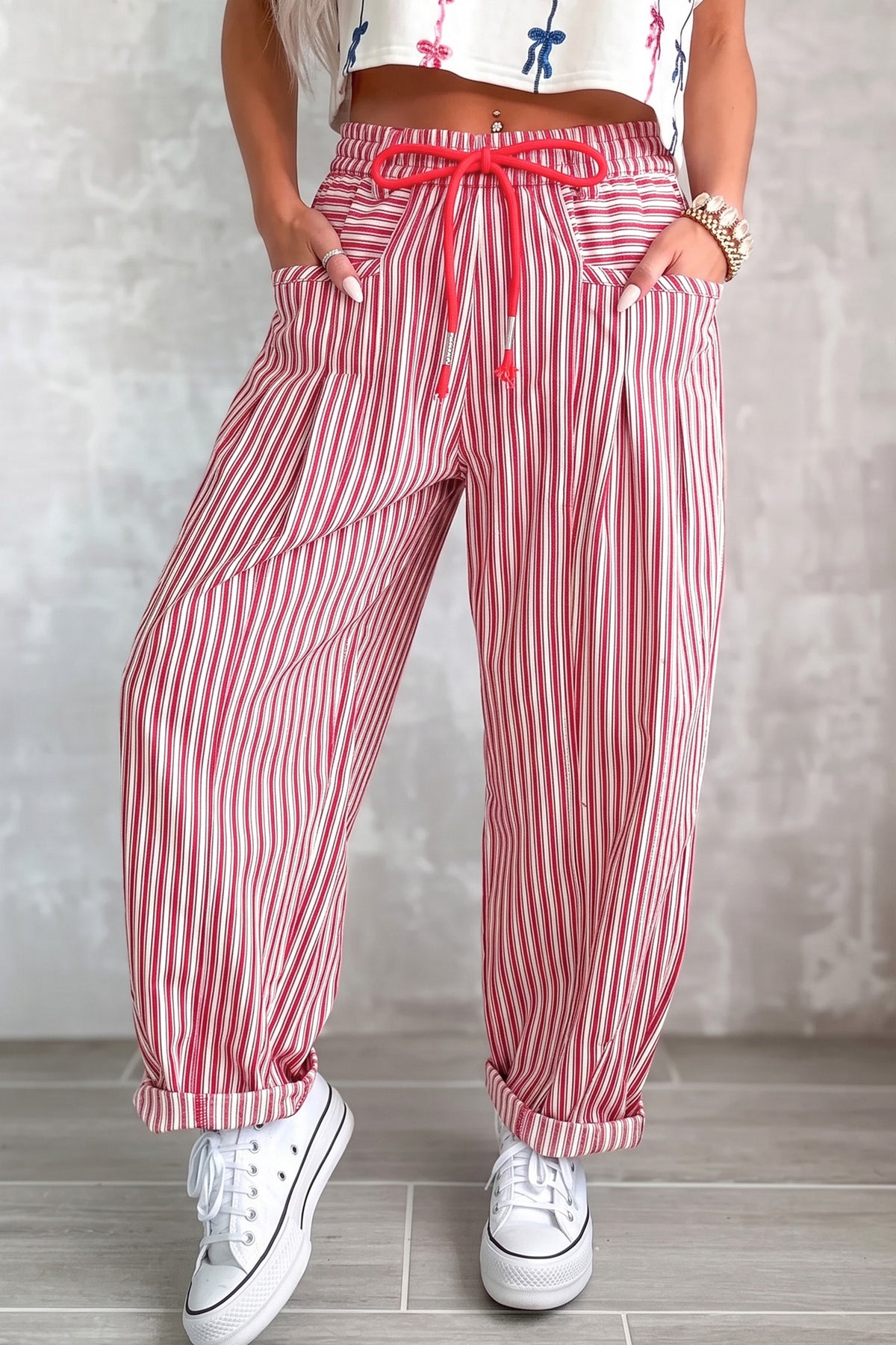 Blue Stripe Drawstring Casual Loose Pants