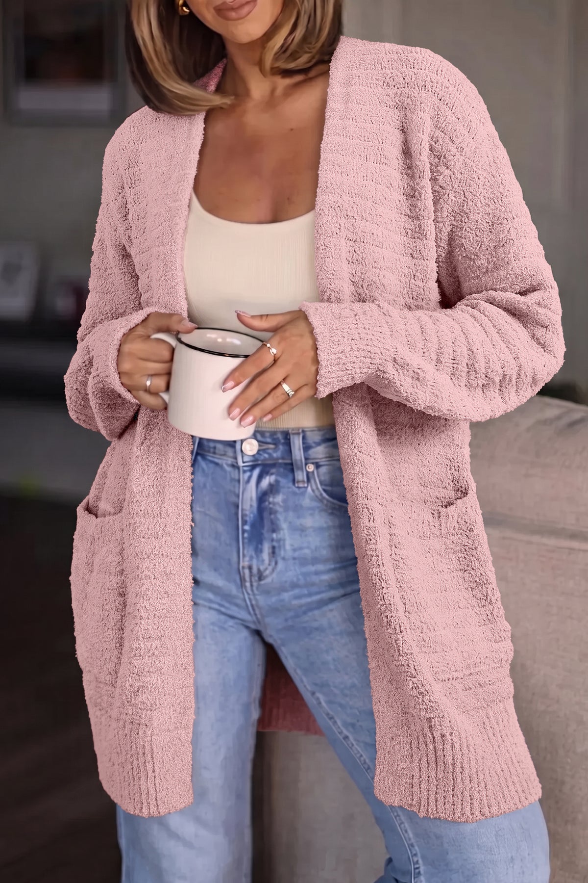 Light Pink Open Front Soft Fuzzy Ribbed Sweater Cardigan