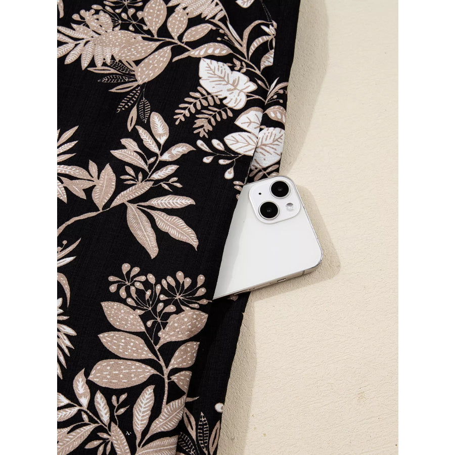 3/4 Sleeve Botanical Print Split Neck Loose Mini Dress Apparel and Accessories