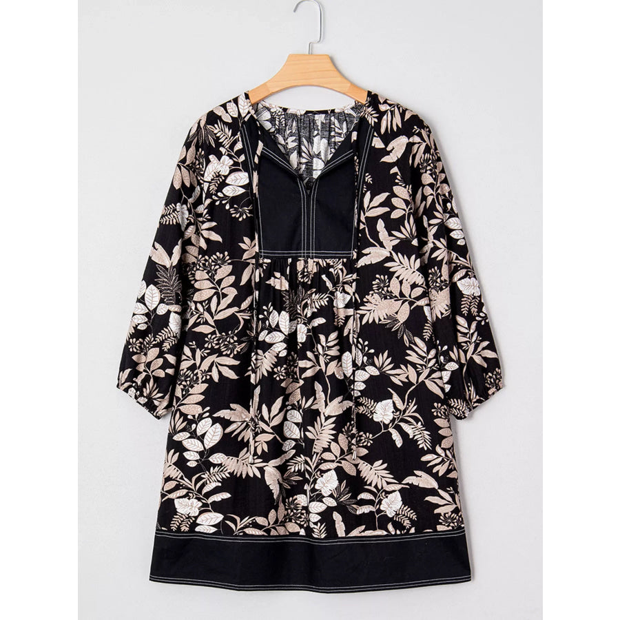3/4 Sleeve Botanical Print Split Neck Loose Mini Dress Apparel and Accessories