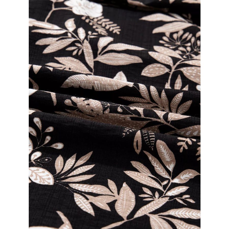 3/4 Sleeve Botanical Print Split Neck Loose Mini Dress Apparel and Accessories