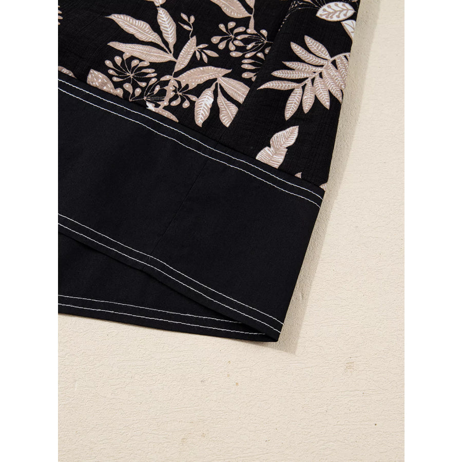 3/4 Sleeve Botanical Print Split Neck Loose Mini Dress Apparel and Accessories