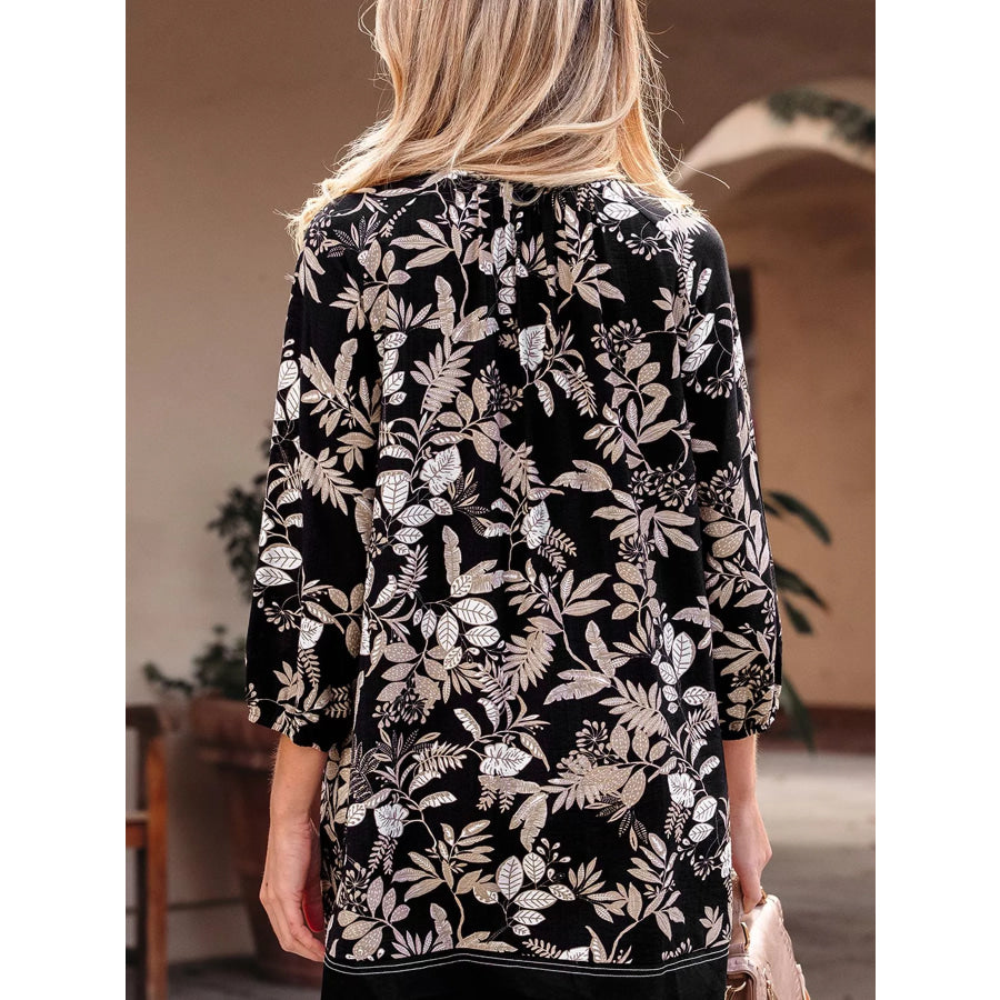 3/4 Sleeve Botanical Print Split Neck Loose Mini Dress Apparel and Accessories