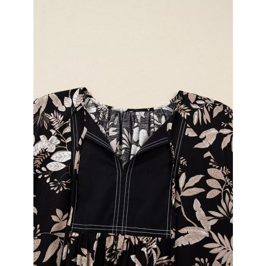 3/4 Sleeve Botanical Print Split Neck Loose Mini Dress Apparel and Accessories