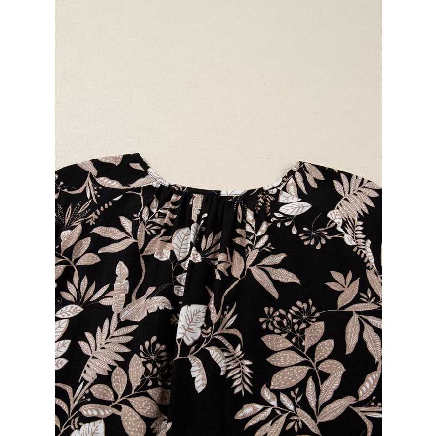 3/4 Sleeve Botanical Print Split Neck Loose Mini Dress Apparel and Accessories