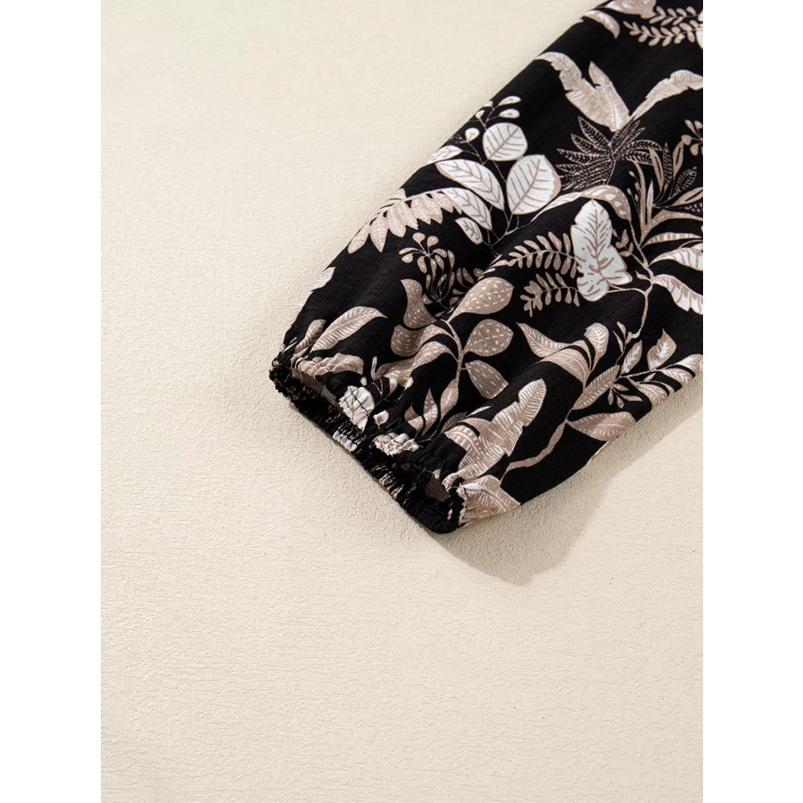 3/4 Sleeve Botanical Print Split Neck Loose Mini Dress Apparel and Accessories