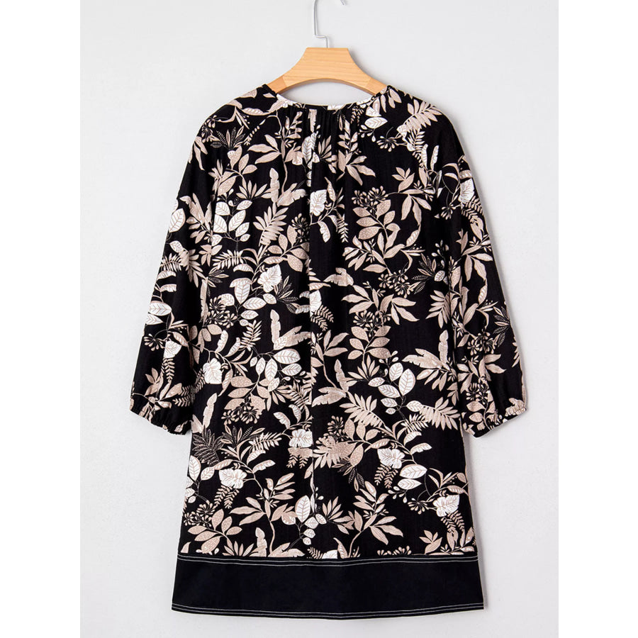 3/4 Sleeve Botanical Print Split Neck Loose Mini Dress Apparel and Accessories