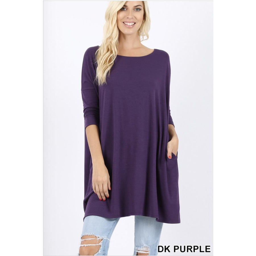 NEW! 3/4 Sleeve Drop Shoulder Boxy Top with Pockets Dark Purple / S Tops