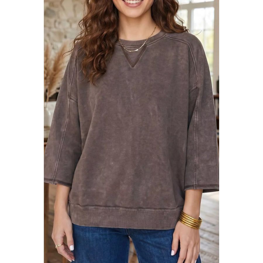3/4 Sleeve Mineral Wash Loose Cotton Top Apparel and Accessories