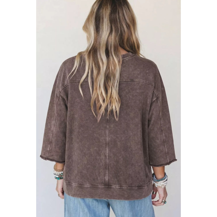 3/4 Sleeve Mineral Wash Loose Cotton Top Apparel and Accessories