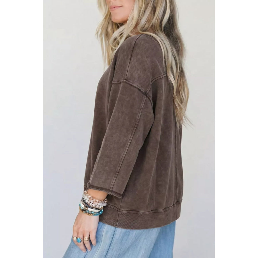 3/4 Sleeve Mineral Wash Loose Cotton Top Apparel and Accessories