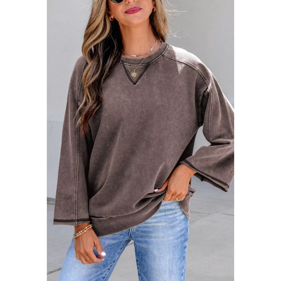 3/4 Sleeve Mineral Wash Loose Cotton Top Coffee Brown / S Apparel and Accessories