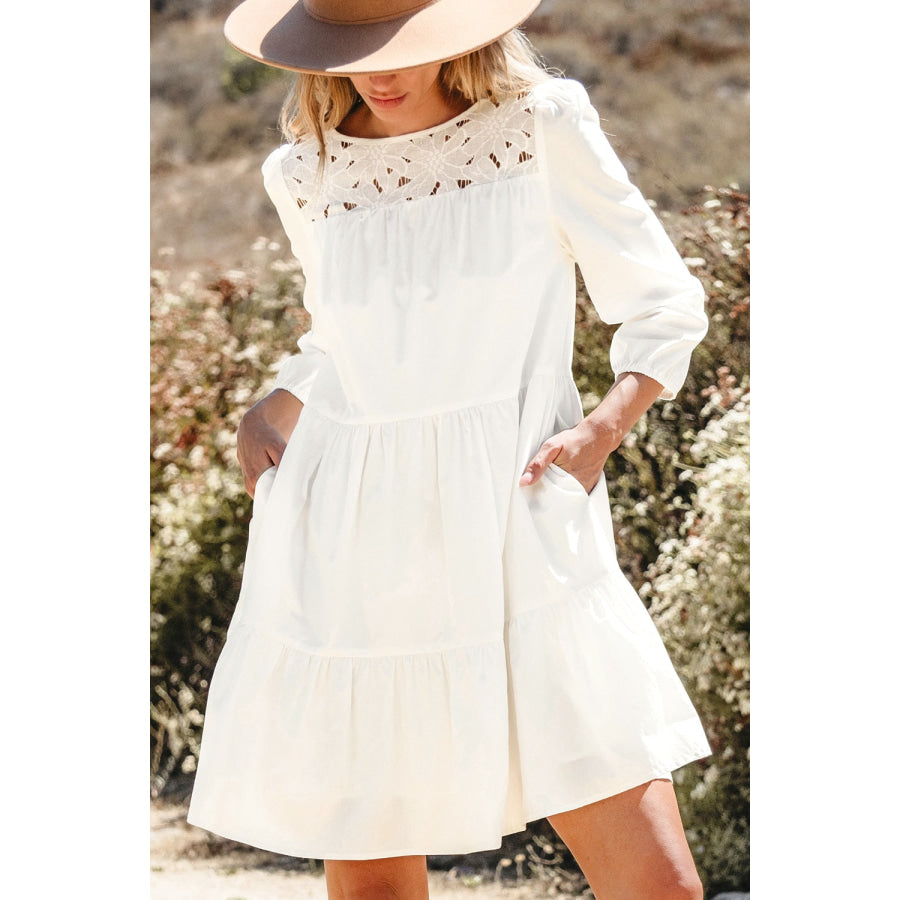 3/4 Sleeve Tiered Mini Dress White / S Apparel and Accessories