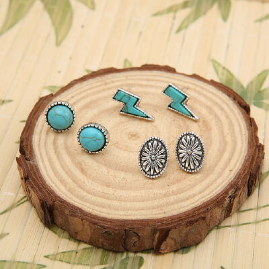 3 Piece Artificial Turquoise Stud Earrings Silver / One Size Apparel and Accessories