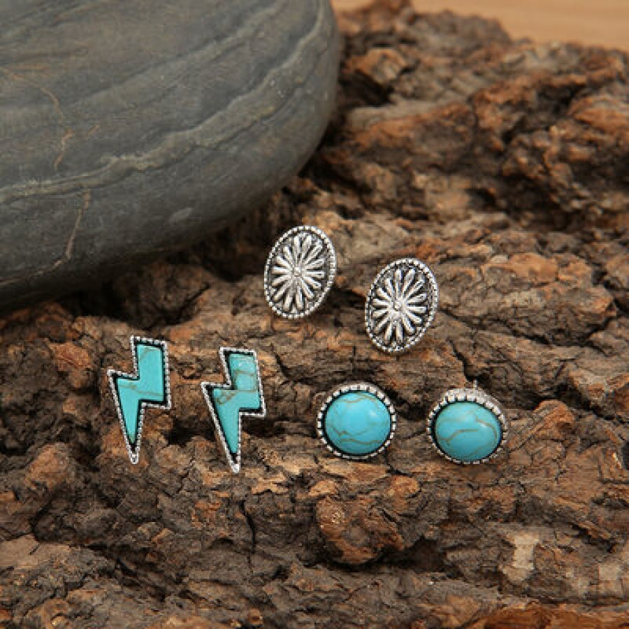 3 Piece Artificial Turquoise Stud Earrings Silver / One Size Apparel and Accessories