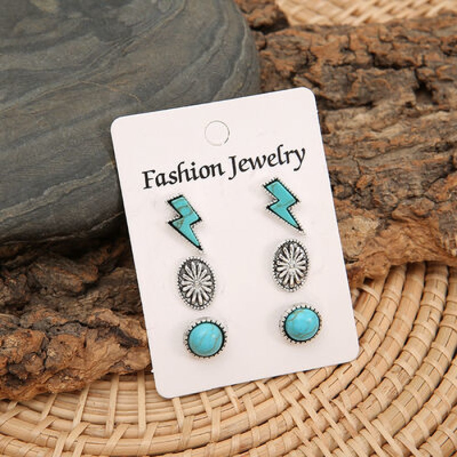 3 Piece Artificial Turquoise Stud Earrings Silver / One Size Apparel and Accessories