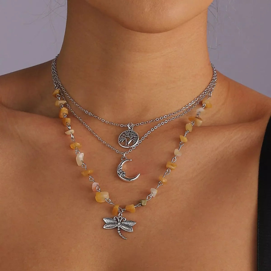 3-Piece Bohemian Layered Dragonfly Moon Tree Pendant Necklace Silver / onesize Apparel and Accessories