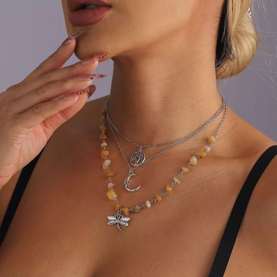 3-Piece Bohemian Layered Dragonfly Moon Tree Pendant Necklace Silver / onesize Apparel and Accessories