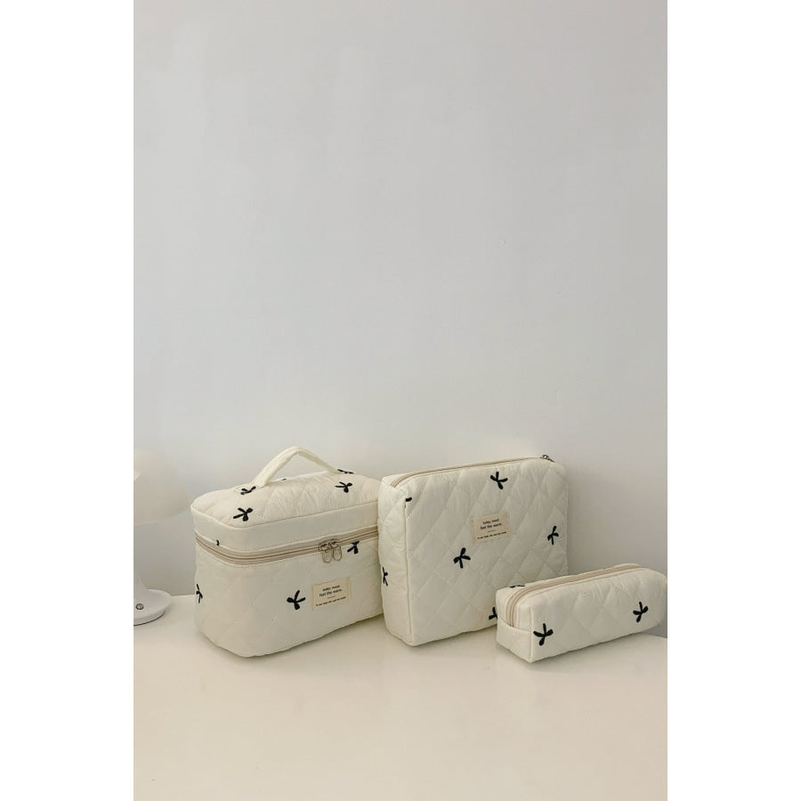 3 Piece Bow Quilted Cloth Storage Bag Set Beige / One Size Apparel and Accessories