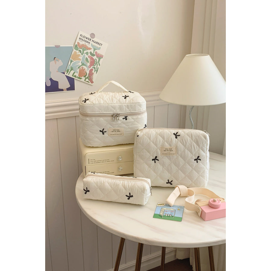3 Piece Bow Quilted Cloth Storage Bag Set Beige / One Size Apparel and Accessories