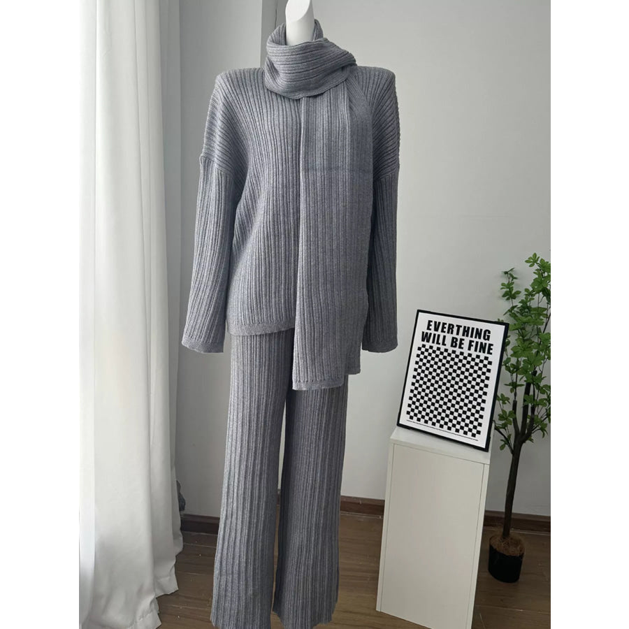 3-Piece Crew Neck Ribbed Sweater and Wide-Leg Pants Set with Scarf Apparel and Accessories