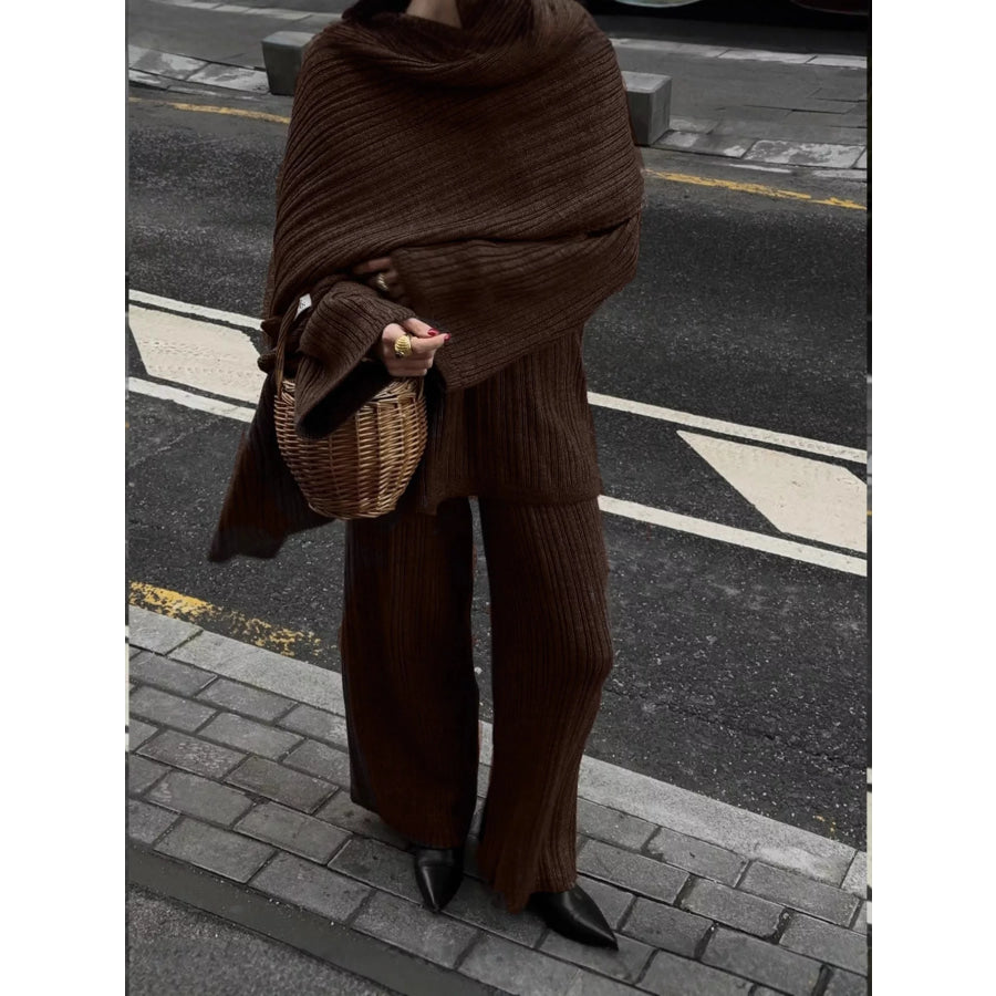 3-Piece Crew Neck Ribbed Sweater and Wide-Leg Pants Set with Scarf Apparel and Accessories