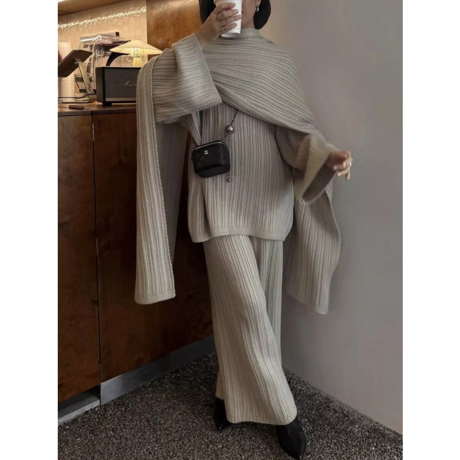 3-Piece Crew Neck Ribbed Sweater and Wide-Leg Pants Set with Scarf Apparel and Accessories