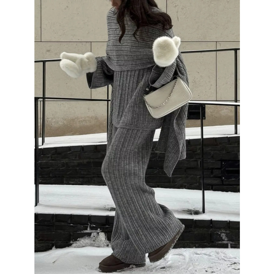 3-Piece Crew Neck Ribbed Sweater and Wide-Leg Pants Set with Scarf Apparel and Accessories