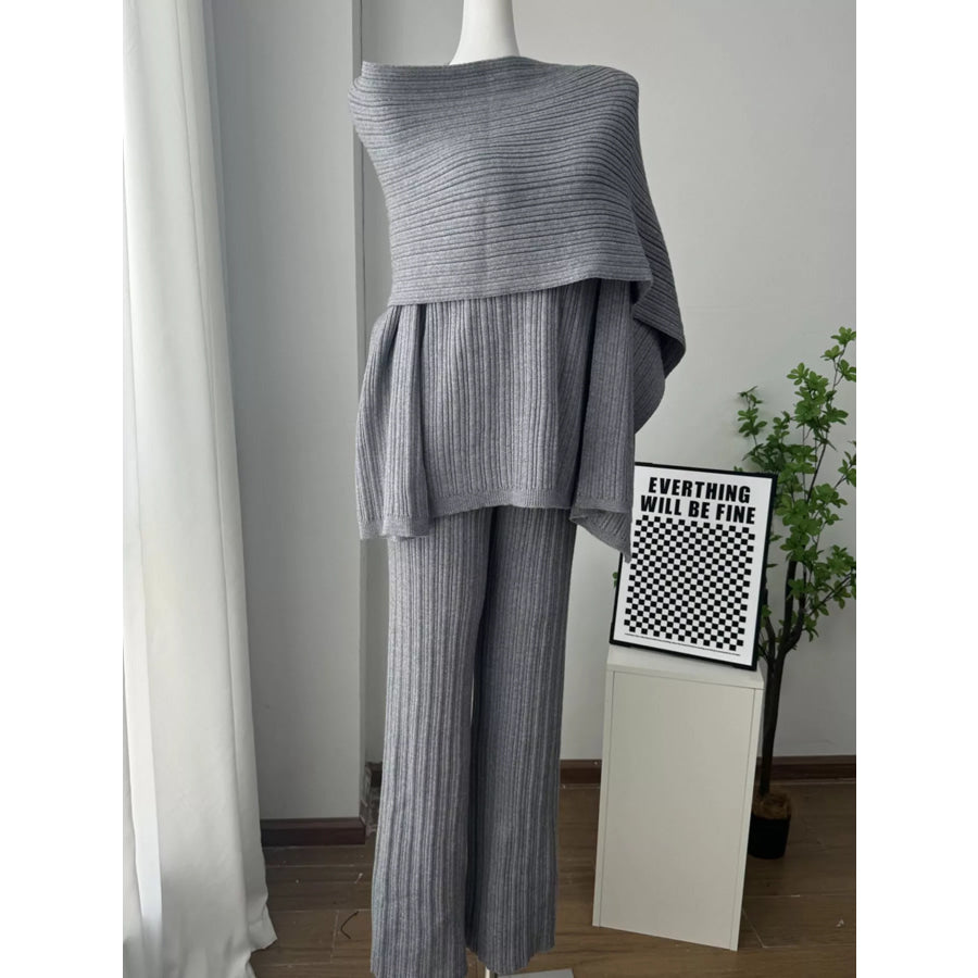 3-Piece Crew Neck Ribbed Sweater and Wide-Leg Pants Set with Scarf Apparel and Accessories