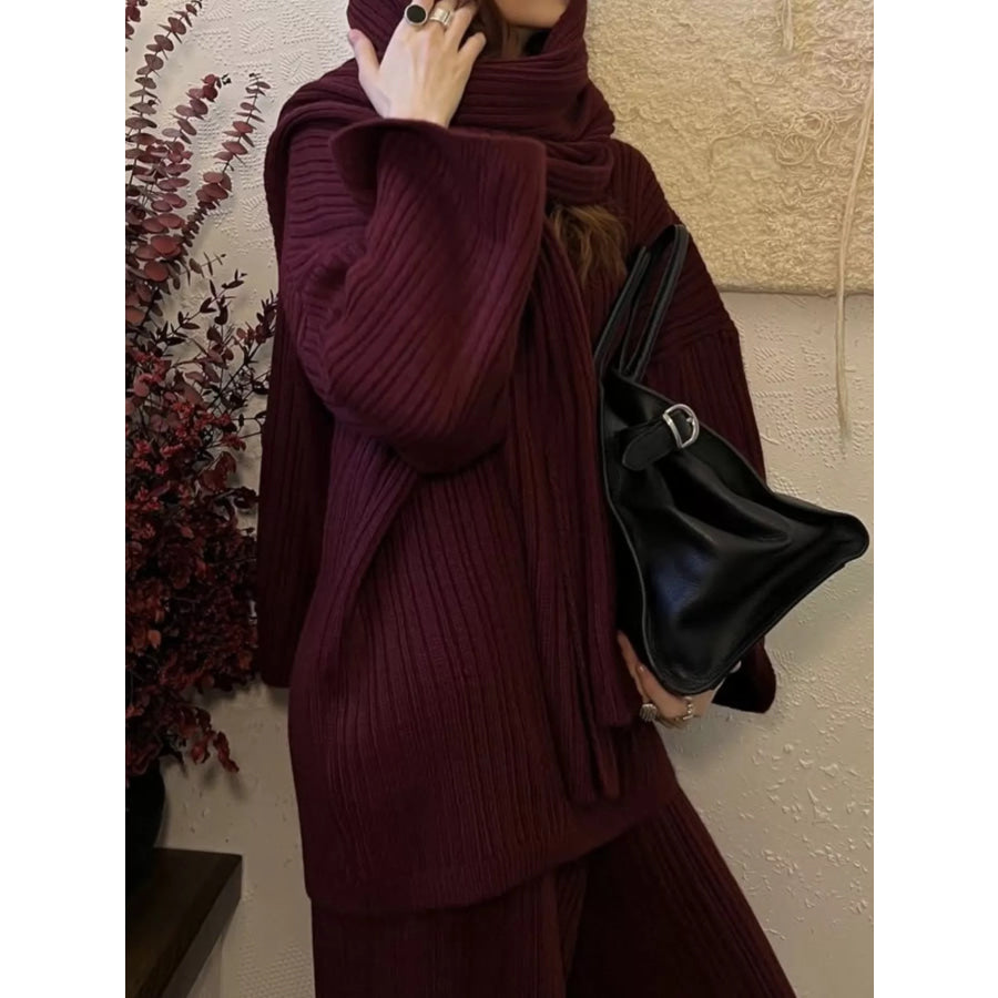 3-Piece Crew Neck Ribbed Sweater and Wide-Leg Pants Set with Scarf Apparel and Accessories