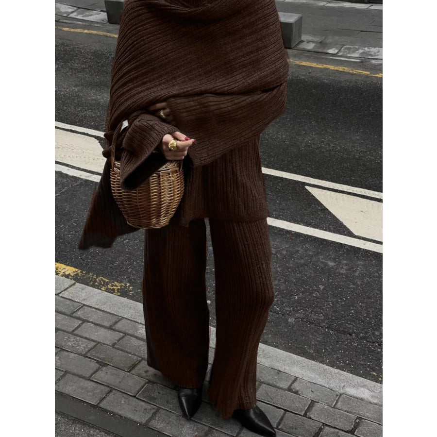 3-Piece Crew Neck Ribbed Sweater and Wide-Leg Pants Set with Scarf Apparel and Accessories