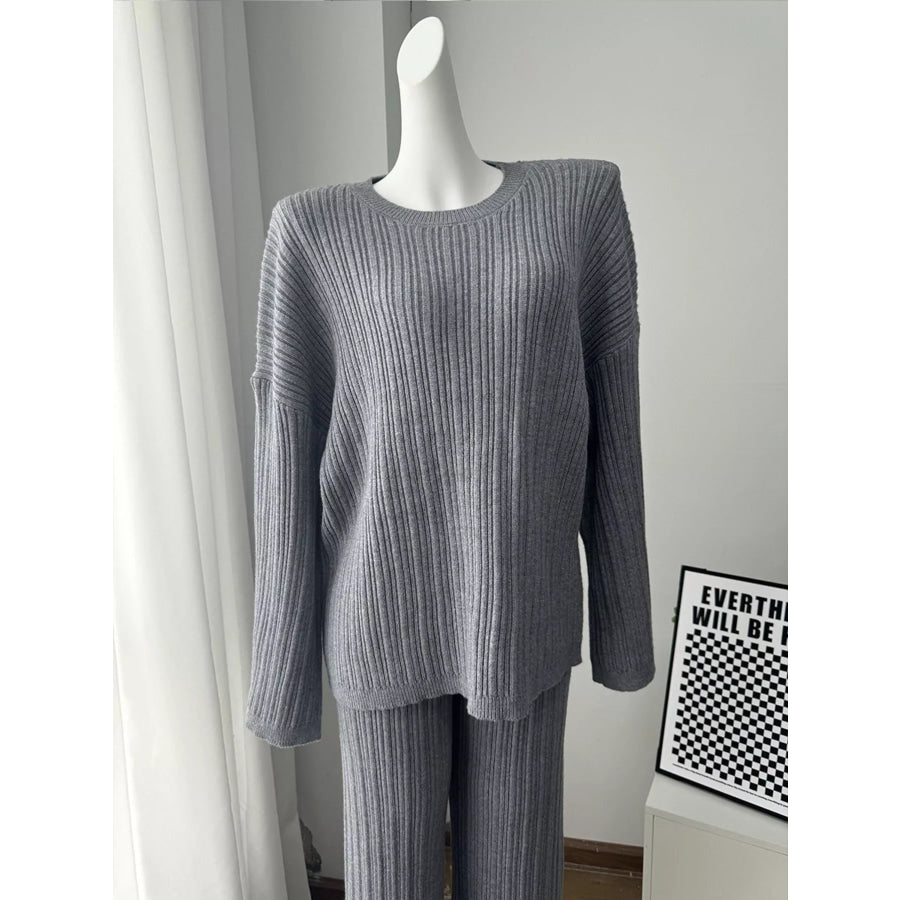 3-Piece Crew Neck Ribbed Sweater and Wide-Leg Pants Set with Scarf Apparel and Accessories