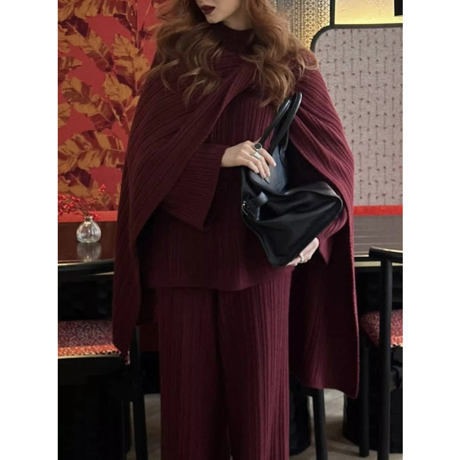3-Piece Crew Neck Ribbed Sweater and Wide-Leg Pants Set with Scarf Apparel and Accessories