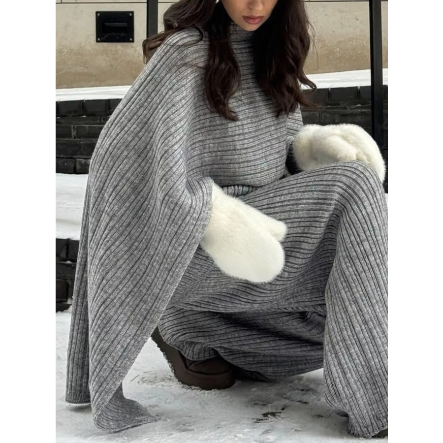 3-Piece Crew Neck Ribbed Sweater and Wide-Leg Pants Set with Scarf Apparel and Accessories