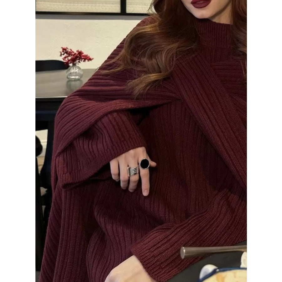 3-Piece Crew Neck Ribbed Sweater and Wide-Leg Pants Set with Scarf Apparel and Accessories