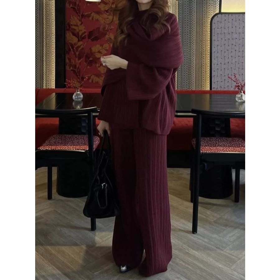 3-Piece Crew Neck Ribbed Sweater and Wide-Leg Pants Set with Scarf Apparel and Accessories