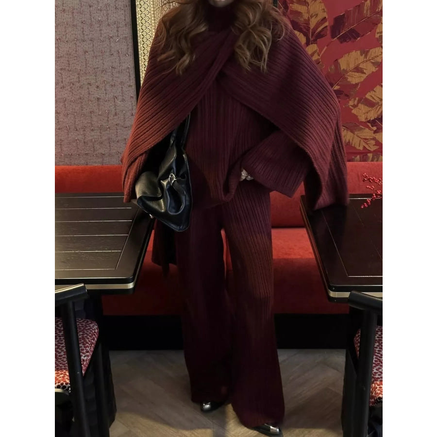 3-Piece Crew Neck Ribbed Sweater and Wide-Leg Pants Set with Scarf Burgundy / One Size Apparel and Accessories