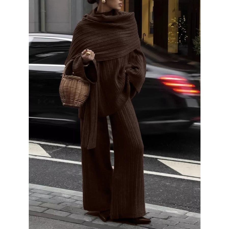 3-Piece Crew Neck Ribbed Sweater and Wide-Leg Pants Set with Scarf Dark Brown / One Size Apparel and Accessories