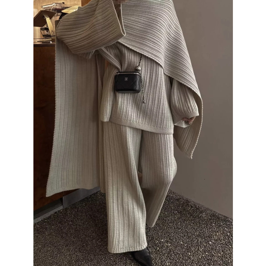 3-Piece Crew Neck Ribbed Sweater and Wide-Leg Pants Set with Scarf Khaki / One Size Apparel and Accessories