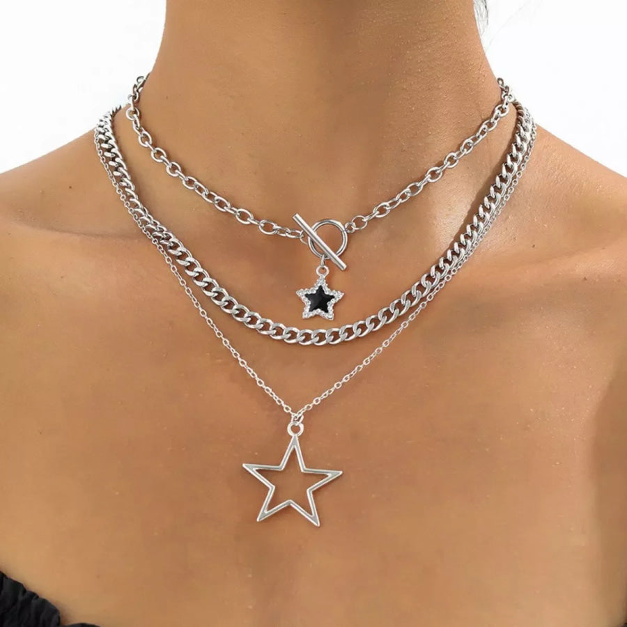 3-Piece Layered Star Pendant Necklace Silver / onesize Apparel and Accessories