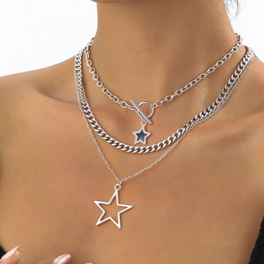 3-Piece Layered Star Pendant Necklace Silver / onesize Apparel and Accessories