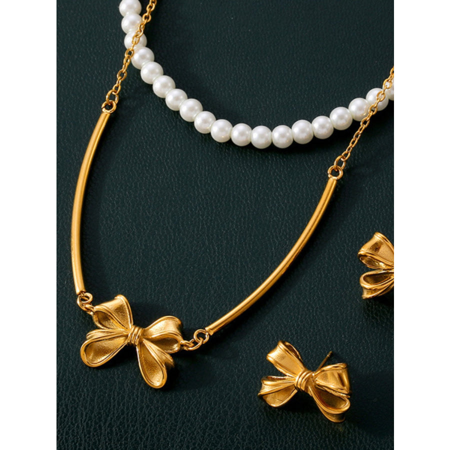 3 Piece Pearl Necklace Bow Necklace and Stud Earrings Jewelry Set Gold / One Size Apparel and Accessories