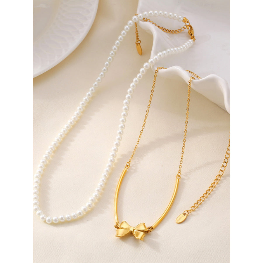 3 Piece Pearl Necklace Bow Necklace and Stud Earrings Jewelry Set Gold / One Size Apparel and Accessories