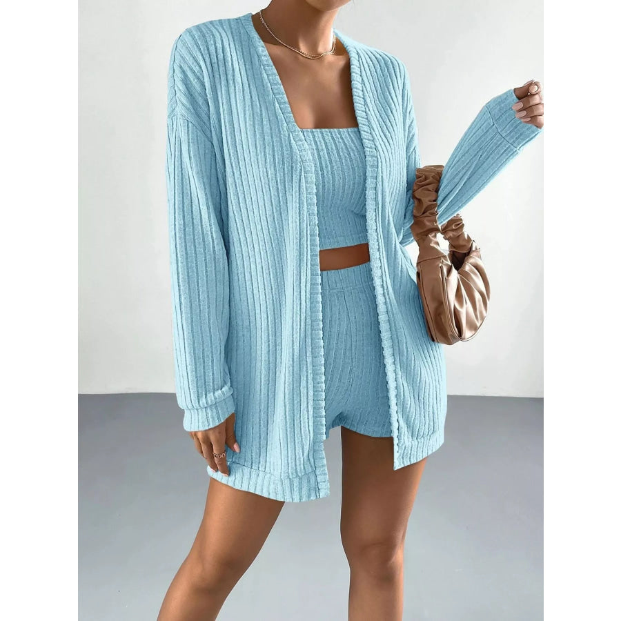 3-Piece Ribbed Knit Cardigan & Tube Top and Shorts Set Apparel Accessories