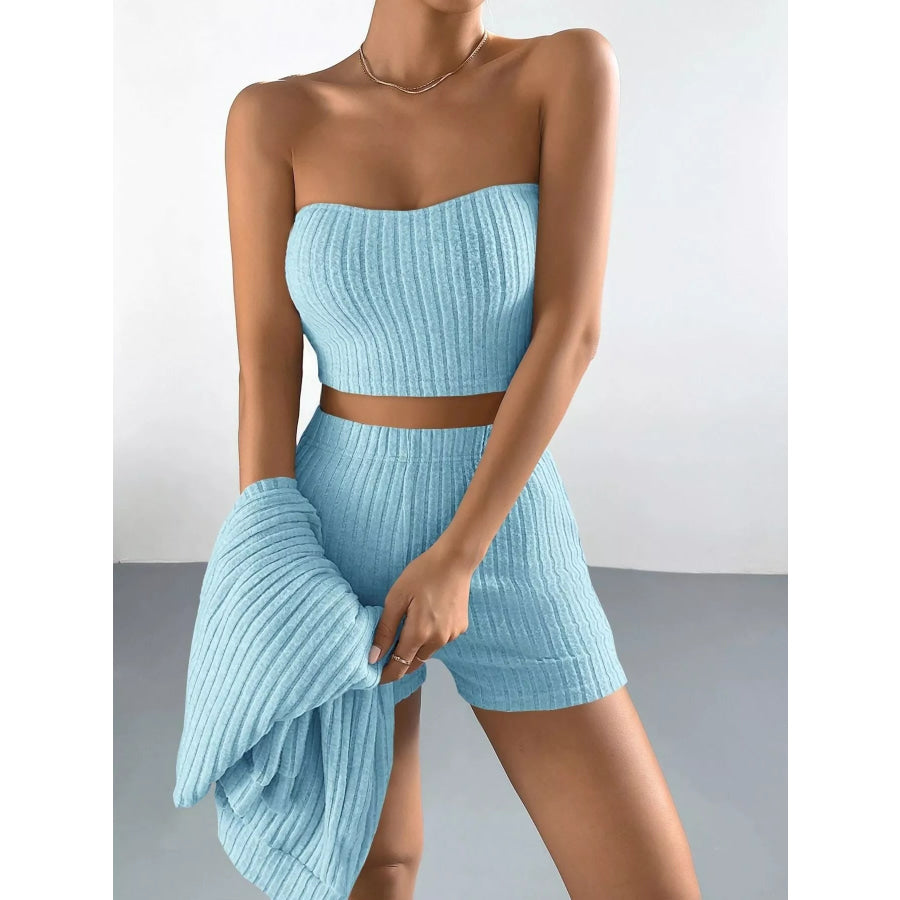 3-Piece Ribbed Knit Cardigan & Tube Top and Shorts Set Apparel Accessories